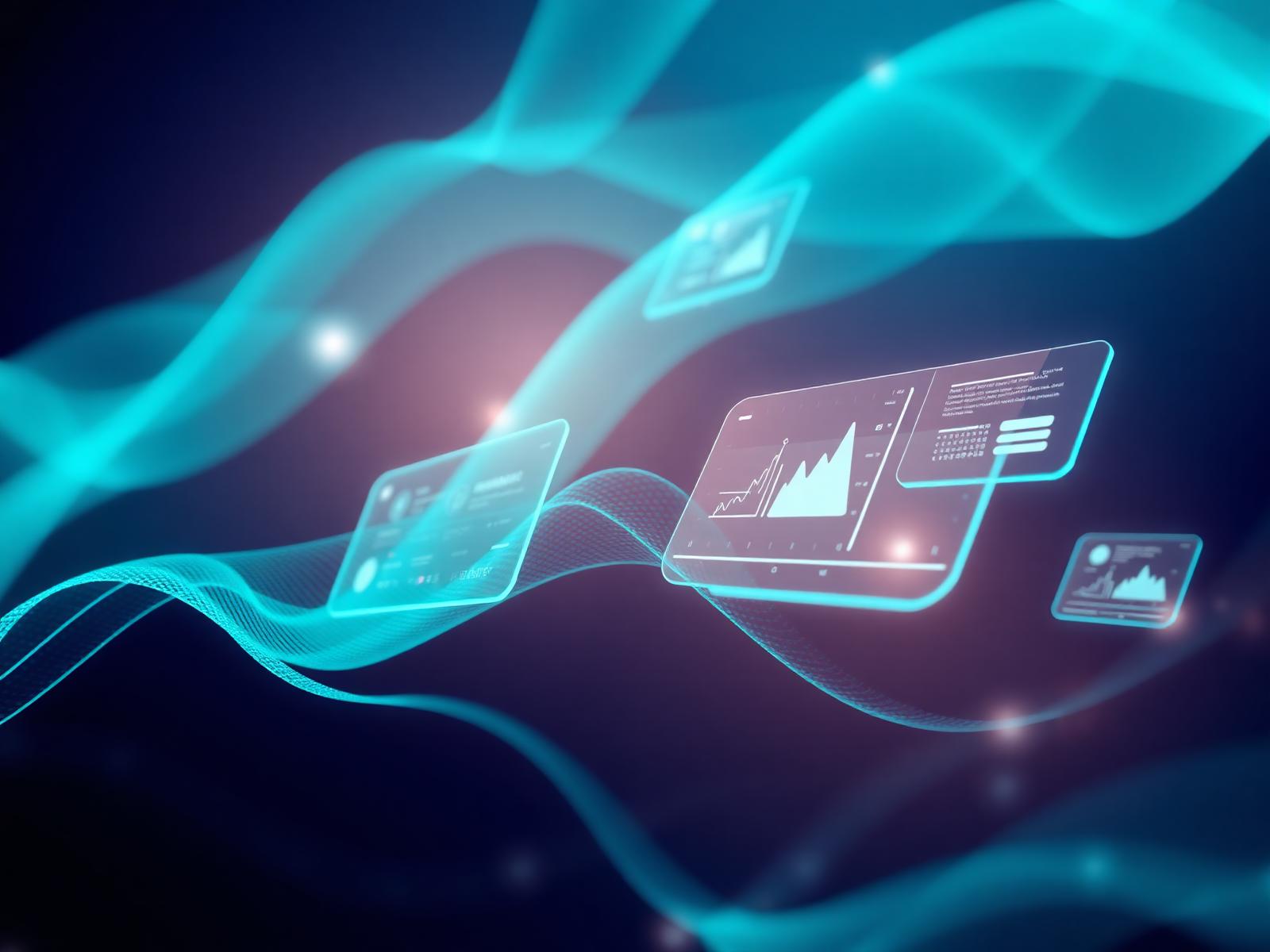 Illustration of DataFabricX platform with flowing data mesh and dashboards